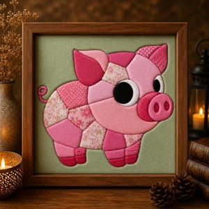May include: A framed fabric wall art piece featuring a patchwork pig design. The pig is constructed from various shades of pink fabric, including solid, floral, and polka-dot patterns, set against a light green background within a wooden frame.