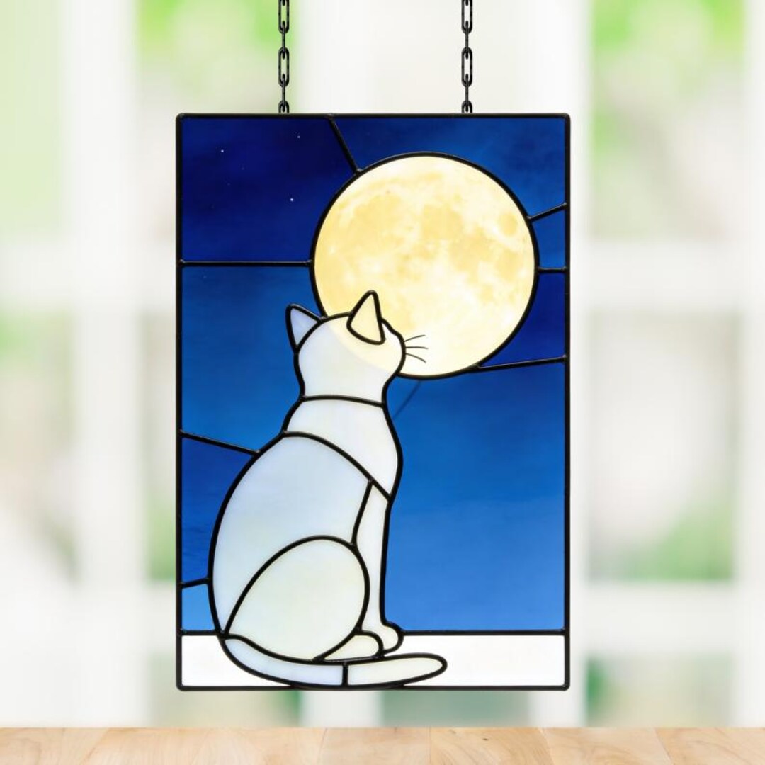 White Cat Moon Suncatcher Stained Glass Pattern, Night Sky Window Art ...