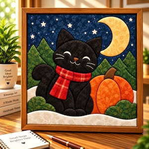 Könnte beinhalten: Ein gerahmtes Wandbild aus Stoff, das eine schwarze Katze mit einem rot karierten Schal zeigt, die neben einem orangefarbenen Kürbis in einer verschneiten Landschaft sitzt. Der Hintergrund zeigt einen dunkelblauen Nachthimmel mit gelbem Mond.