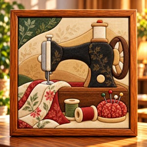 May include: A framed fabric wall art piece featuring a black sewing machine with floral details, a spool of thread, and a red floral pincushion with pins. The scene includes a draped fabric with red and white floral patterns against a beige background.