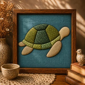 Peut inclure: Un cadre en bois carré contenant une œuvre d'art murale en tissu représentant une tortue de mer. La carapace est composée de divers morceaux de tissu vert à motifs et les membres sont en tissu beige clair sur un fond bleu texturé.