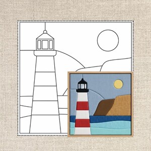 May include: A square fabric wall art piece featuring a layered textile collage of a lighthouse with red and white stripes, a brown cliff, a blue sea, and a yellow sun, displayed alongside a black and white line drawing outline of the same scene.