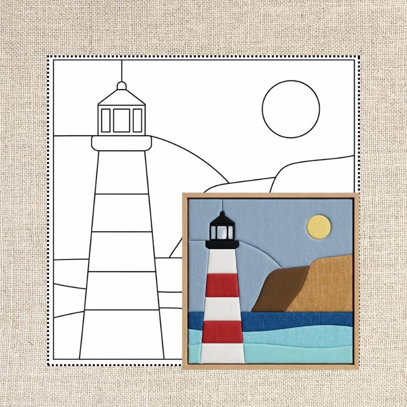 May include: A square fabric wall art piece featuring a layered textile collage of a lighthouse with red and white stripes, a brown cliff, a blue sea, and a yellow sun, displayed alongside a black and white line drawing outline of the same scene.