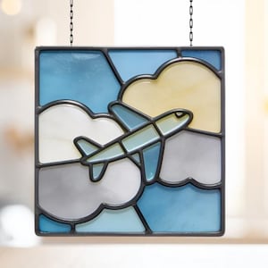 Airplane Stained Glass Pattern, Flying Plane with Clouds Suncatcher, Aviation Window Panel Digital Download