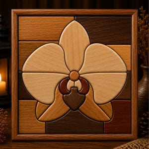 May include: A square wooden wall art piece featuring an intricate marquetry design of an orchid flower. The artwork is composed of various wood tones, including light beige, medium brown, and dark espresso, framed in a matching brown wood border.