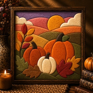 May include: A square framed felt wall art piece depicting an autumn landscape with three pumpkins in orange and white, surrounded by colorful fall leaves, rolling hills, and a yellow sun against a purple sky, all rendered in layered felt textures.