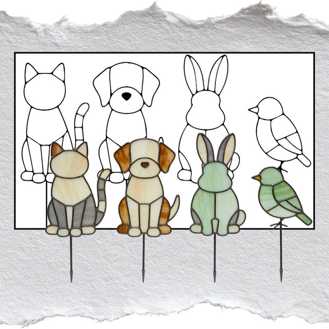 Staked Pattern Stained Glass Animal Plant Stake Pattern, Cat, Dog, Rabbit, Bird (PDF ...