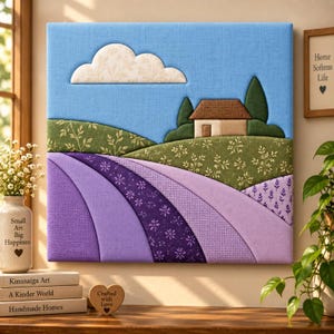 May include: A square fabric wall art piece depicting a landscape with a blue sky, a white cloud, green rolling hills with floral patterns, and a small house with a brown roof. The foreground features layered purple fabric sections with floral prints.