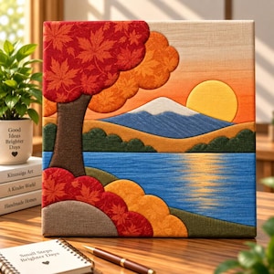 May include: A square fabric wall art piece featuring a landscape with a large tree with red and orange maple leaves, a snow-capped mountain, a yellow sun, and a blue lake. The textured design uses layered fabric panels to create a scenic view.