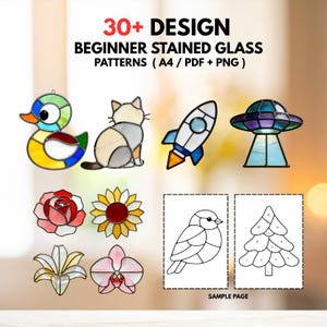 Puede incluir: Imagen con patrones de vidrieras para principiantes. Los diseños incluyen un pato, gato, cohete, OVNI, rosa, girasol, lirio, orquídea, pájaro y árbol de Navidad. El texto dice "30+ DESIGN BEGINNER STAINED GLASS PATTERNS (A4 / PDF + PNG)".