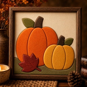 May include: A square framed wall art piece featuring a felt applique design of two pumpkins in orange and yellow with dark brown stems and green leaves. A single deep red maple leaf sits in the foreground against a muted green base layer.