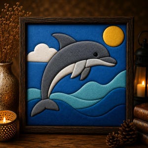 May include: A square framed wall art piece featuring a layered felt applique of a gray dolphin leaping over stylized blue ocean waves. The scene includes a white cloud and a yellow sun against a deep blue background, all encased in a dark wood frame.