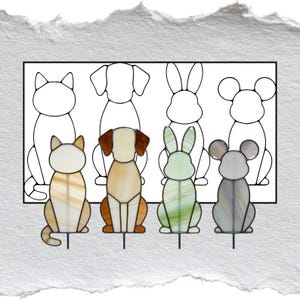 Pet Plant Stake Stained Glass Pattern Set, Cat Dog Rabbit Mouse Garden Stakes