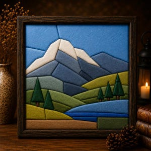 Puede incluir: Una pieza de arte mural cuadrada enmarcada que presenta un paisaje de fieltro en capas. La escena muestra un pico de montaña nevado en blanco y azul, colinas verdes, árboles de hoja perenne verde oscuro y un río azul, en un marco de madera.