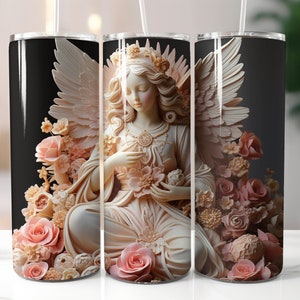May include: A white angel statue with wings, wearing a crown and holding flowers. The angel is surrounded by pink and white flowers. The statue is on a black background.