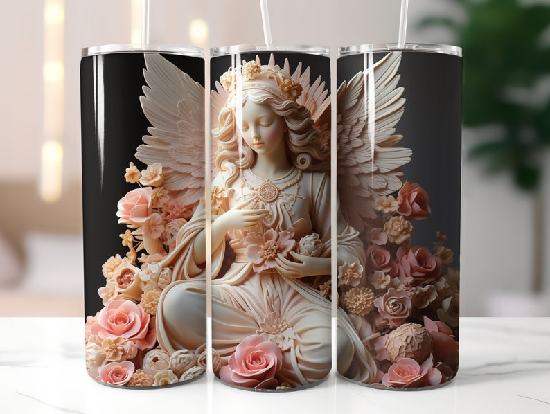 May include: A white angel statue with wings, wearing a crown and holding flowers. The angel is surrounded by pink and white flowers. The statue is on a black background.