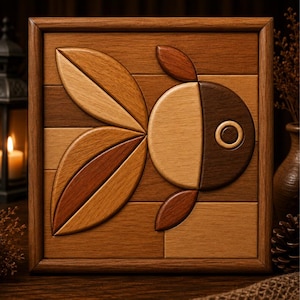 May include: A square wooden wall art piece featuring a marquetry design of a fish. The fish is composed of various wood tones, including light, medium, and dark brown shades. The design includes leaf-shaped fins and a circular body with an eye.