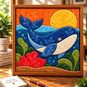 May include: A square framed wall art piece featuring a stylised blue whale swimming in deep blue water with a large yellow sun above. The scene includes green and red coral-like plants, all decorated with a subtle white leaf pattern.