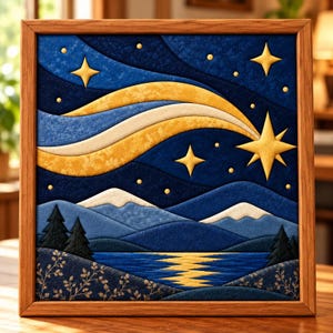 May include: A square fabric wall art piece in a wooden frame featuring a layered quilt design of a night landscape. It depicts a dark blue sky with gold stars and a sweeping comet, snow-capped mountains, a lake, and dark pine trees.