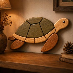 May include: A wooden turtle wall decoration composed of segmented pieces in varying shades of brown and olive green. The turtle features a smooth, polished finish with visible wood grain, a rounded shell, four distinct flippers, and a head with a dark eye.