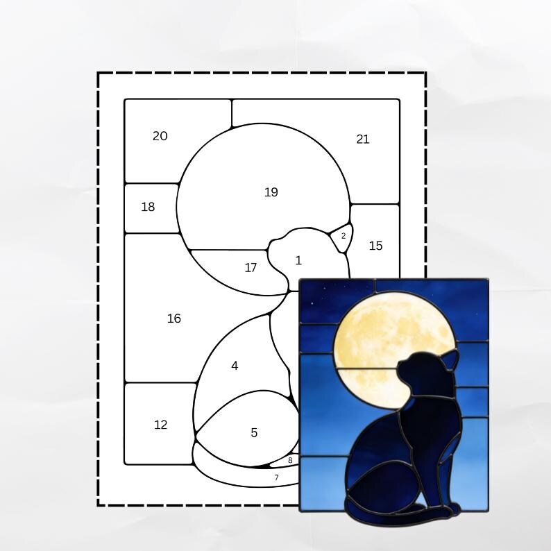 Black Cat and Moon Stained Glass Pattern, Night Sky Suncatcher, Gothic ...