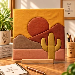 May include: A square fabric wall art piece featuring a desert landscape with a mustard yellow sky, a large rust-colored sun, brown mountains, and a light pink foreground. A textured mustard yellow saguaro cactus is centered in the foreground.