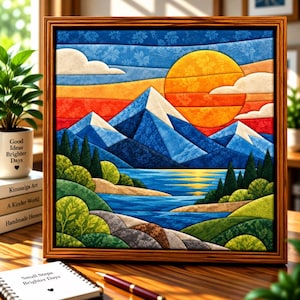 May include: A framed fabric art piece depicting a landscape with blue mountains, a large orange sun, white clouds, and a blue lake. The foreground features green hills, trees, and a textured path. The artwork is composed of layered fabric segments.