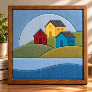 Op de afbeelding: Een ingelijst stoffen wandkunstwerk met een landschap van drie huizen in rood, geel en blauw. De scène bevat groene glooiende heuvels, een lichtblauwe lucht met een cirkelvormig motief en een donkerblauw golvend watergedeelte onderaan.