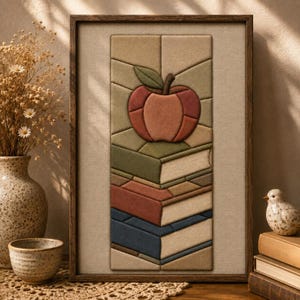 May include: A framed fabric wall art piece featuring a vertical stack of books topped with a red apple. The design uses segmented fabric panels in muted tones of red, green, blue, and beige, all enclosed within a dark wooden rectangular frame.