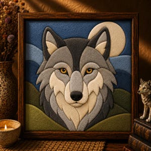 Puede incluir: Una pieza de arte mural enmarcada de forma cuadrada que presenta una aplicación de fieltro en capas de una cabeza de lobo. El lobo tiene tonos de pelaje gris, crema y negro con ojos color ámbar. El fondo muestra un paisaje con colinas verdes.