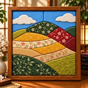 May include: A square framed fabric wall art piece featuring a layered landscape design. The scene depicts rolling hills in various textured fabrics with floral and geometric patterns in green, yellow, red, and cream, set against a blue sky with white clouds.