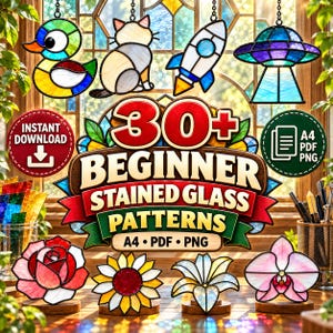 30+ Beginner Stained Glass Suncatcher Patterns Bundle, Easy Animal and Flower Designs, Digital Download