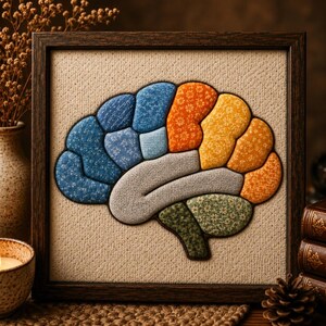 May include: A framed textile art piece featuring a human brain silhouette constructed from various fabric patches. The brain sections are composed of blue, orange, yellow, and green floral patterned fabrics, with a central grey textured section.