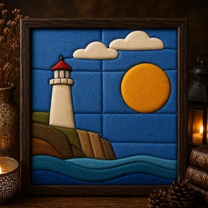 May include: A square framed textile art piece featuring a white lighthouse with a red roof, a large yellow sun, and two white clouds against a blue background. The scene includes layered brown and green cliffs above blue ocean waves.