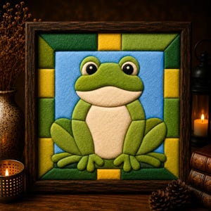 Könnte beinhalten: Ein gerahmtes Wandbild aus Filz mit einem mittig platzierten grünen Frosch mit cremefarbenem Bauch vor hellblauem Hintergrund. Der Frosch ist von einem geometrischen Rahmen aus abwechselnd dunkelgrünen und gelben Filzquadraten umgeben.