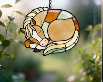 Motif de vitrail cheval endormi – Décoration DIY attrape-soleil (téléchargement numérique)