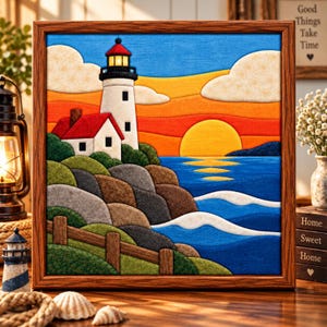 May include: A square fabric wall art piece in a wooden frame depicting a lighthouse with a red roof and a glowing lantern room. The scene features a sunset with orange and yellow hues, blue ocean waves, rocky cliffs, and a wooden fence.