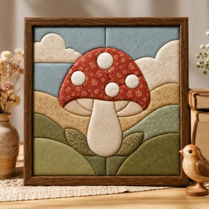 May include: A square framed fabric wall art piece featuring a quilted mushroom design. The mushroom has a red cap with white spots, set against a landscape of blue sky, cream-coloured clouds, and green rolling hills, all rendered in textured fabric.