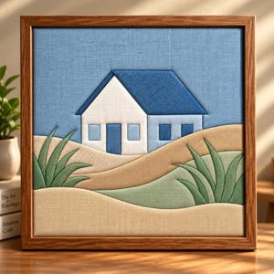 May include: A square fabric wall art piece in a wooden frame featuring a white house with a blue roof set against a light blue sky. The scene includes tan sand dunes and green grass patches, all constructed from layered textured fabric panels.
