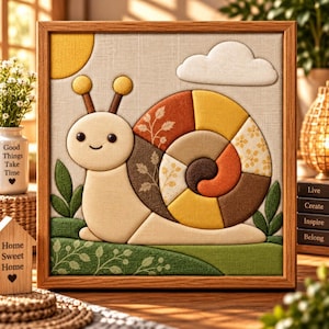 May include: A framed fabric wall art piece featuring a beige snail with a multi-coloured spiral shell made of segments in shades of orange, yellow, brown, and cream. The snail is set against a light background with a yellow sun and white cloud.
