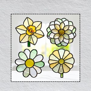 Minimal blommönsterset med målat glas, påsklilja, dahlia, prästkrage, maskros, digital nedladdning