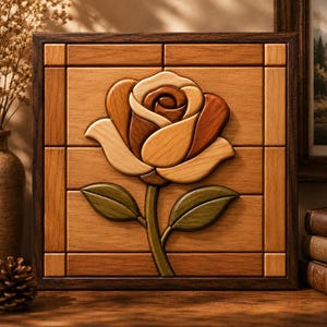 May include: A square wooden wall art piece featuring an intricate marquetry rose design. The rose is composed of various shades of light, medium, and dark brown wood, while the stem and two leaves are crafted from green-toned wood pieces.