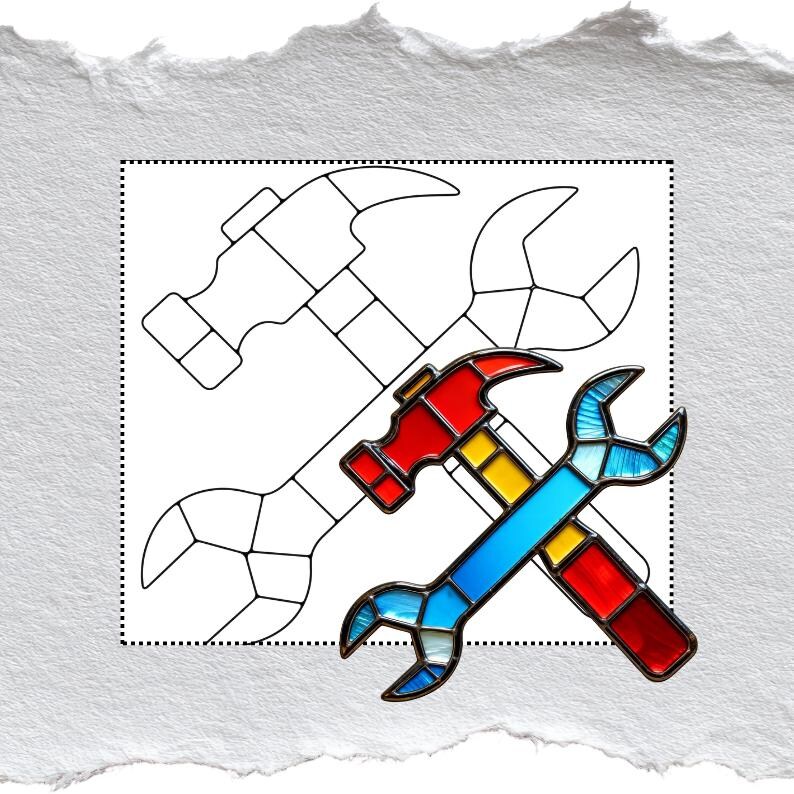 May include: A stained glass design featuring a red and yellow hammer and a blue, yellow, and red wrench. The tools are set against a white background with a dotted border and a sketched outline of the same tools.
