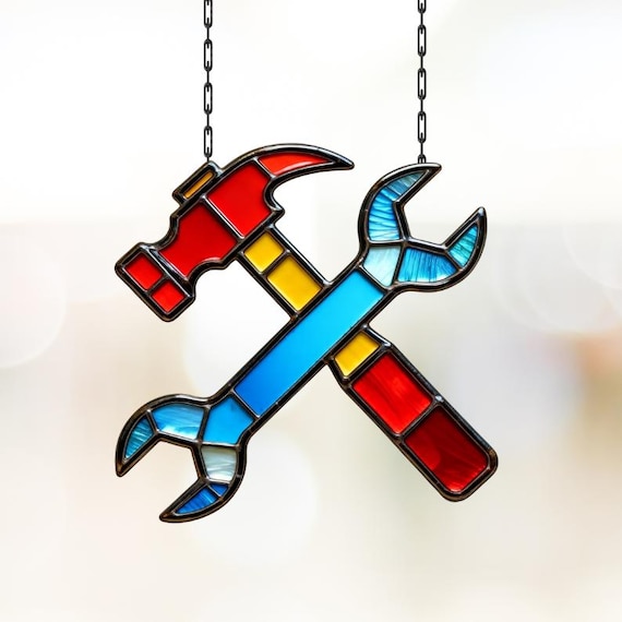 Hammer and Wrench Stained Glass Suncatcher Pattern – Workshop Decor (PNG SVG PDF)