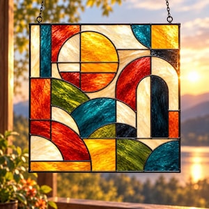 Pode incluir: Um painel de vitral quadrado com uma composição geométrica de círculos e arcos. A peça é construída com vidro texturizado em tons vibrantes de vermelho, laranja, amarelo, verde e azul, unidos por perfis de metal preto.
