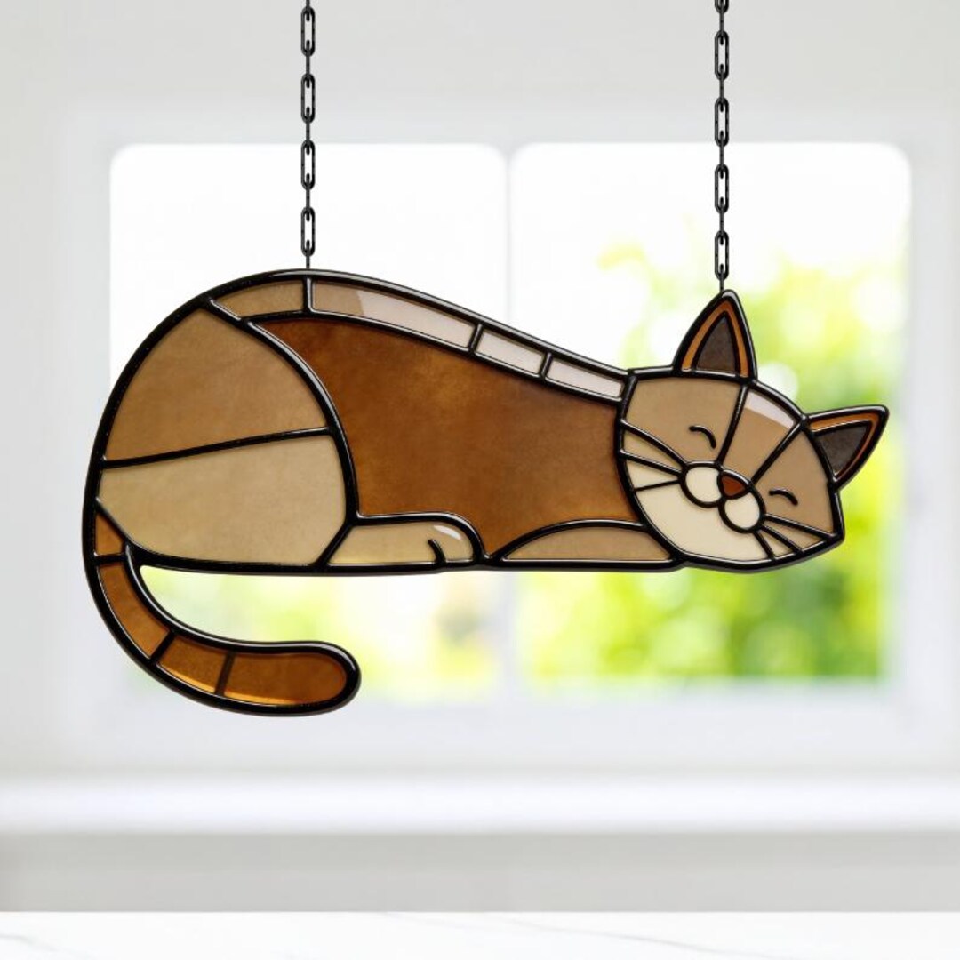 Sleeping Cat Suncatcher Stained Glass Pattern, Cozy Window Decor for ...