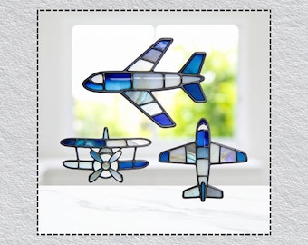 Minimal Airplane Stained Glass Pattern, Three Aircraft Silhouettes, Modern Suncatcher Design