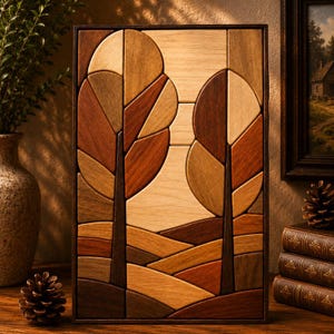 May include: A rectangular wooden wall art piece featuring a mosaic of two stylized trees in a landscape. The artwork is composed of various wood tones including light, medium, and dark brown, arranged in geometric shapes to form the trees and hills.