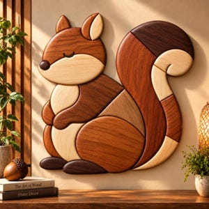May include: A wall-mounted wooden squirrel decoration composed of interlocking pieces in varying shades of light, medium, and dark brown wood. The squirrel is depicted in a seated position with a large, curved tail and closed eyes.