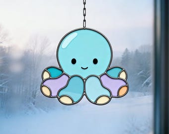 Cute Octopus Stained Glass Pattern, Octopus Suncatcher, Ocean Animal Glass Art, DIY Stained Glass